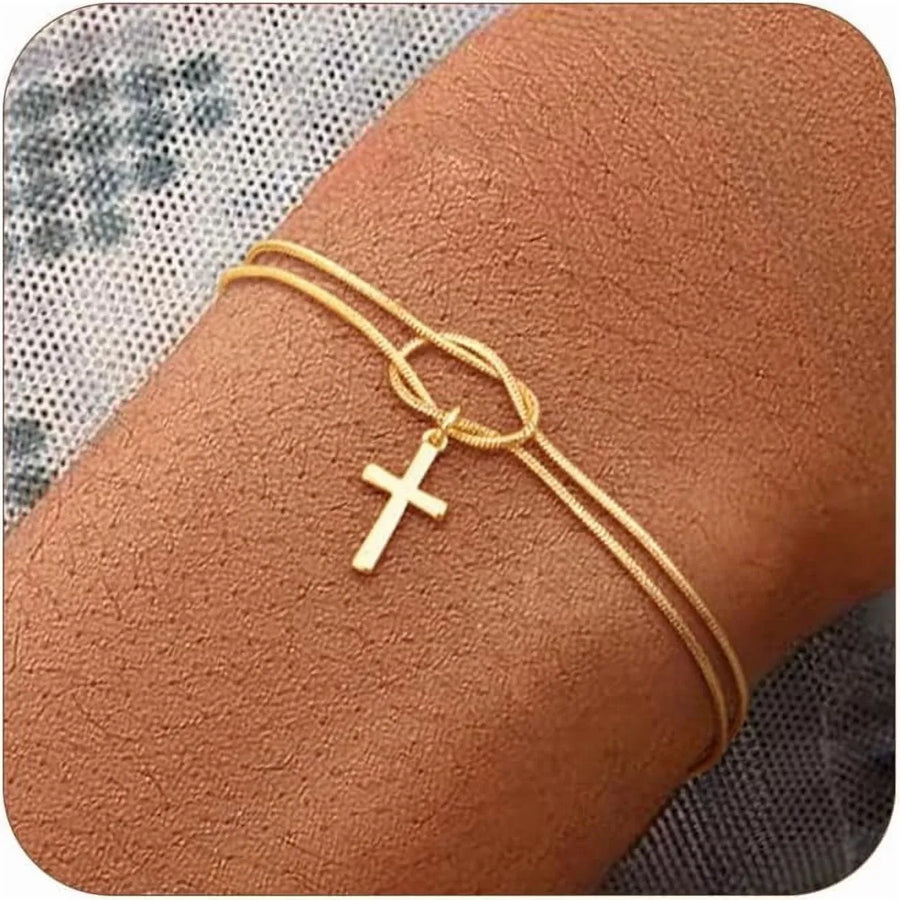 Cross Bracelet for Women, Dainty 14K Gold Plated or Silver Plated Pearl Knot Chain Religious Charm Jewelry