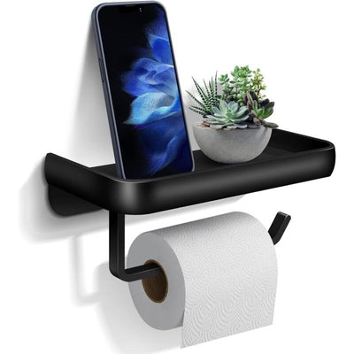 Toilet Paper Holder, Wall-Mounted Toilet Roll Holder with Aluminum Storage Shelf for Bathroom and Kitchen, Black