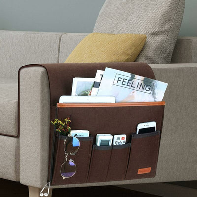 Sofa Armrest Organizer, Storage Chair Bag with 5 Pockets, Chair Cover for Remote Control, iPad, Magazine, Glasses, Brown