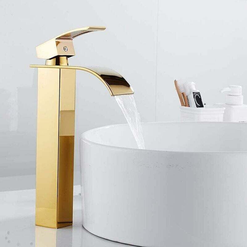 Waterfall Basin Tap, Flat Spout Sink Mixer Tap, Hot and Cold Water Available Bathroom Tap, Modern Chrome Style, Top, Gold, 750G