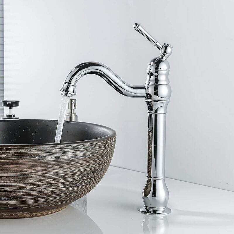 Retro Swivel Basin Mixer Tap, 360 Degree Rotating, Single Lever, High Spout, Hot and Cold Water, Chrome