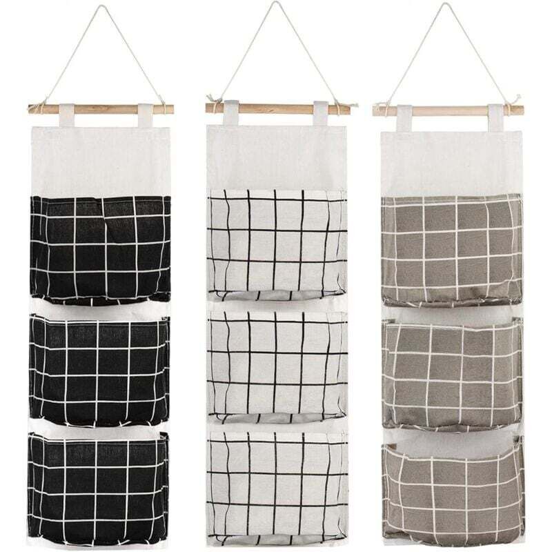 3 Pcs Hanging Storage Bag with 3 Pockets, Fabric Wall Shelf Basket Storage Pouch Organizer for Bedroom Bathroom Kitchen, Waterproof and Stylish