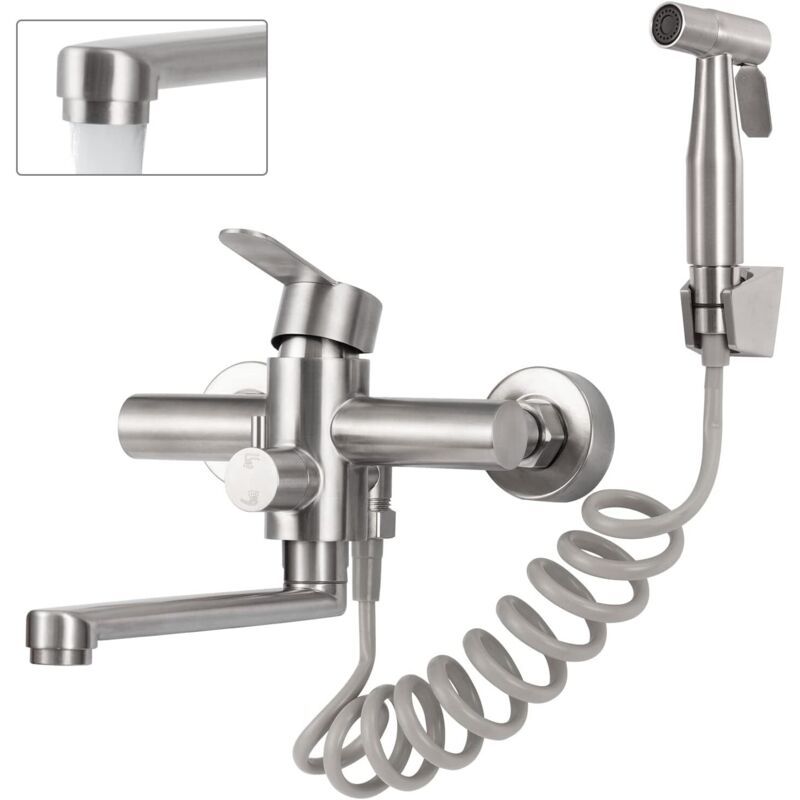 Wall Mounted Kitchen Faucet, Wall Mounted Kitchen Mixer Tap with Spray Gun, 360 Degree Swivel Mixer Tap, Rotatable Tube, Stainless Steel, 23 cm