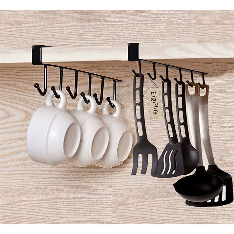 2 Pack Storage Hooks for Glasses, Kitchen Utensils, Tooth and Scarf, Bottom Hook for Cabinet, No Drilling Required, Black