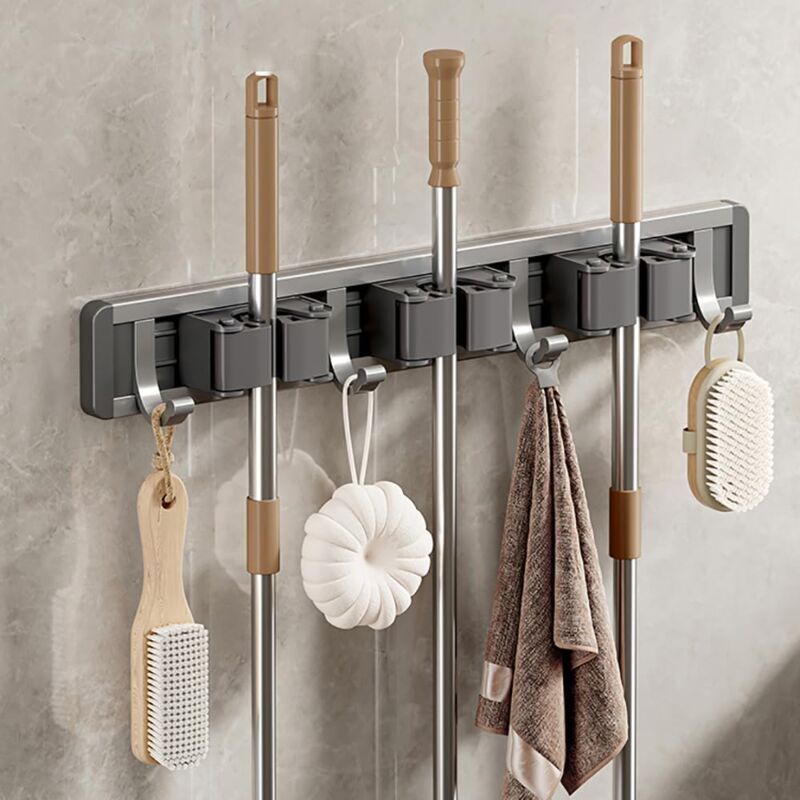 Aluminum Wall Mounted Broom Holder, No Drilling, Adhesive Holder with Hook, Storage, Tool Holder for Kitchen, Garage, Garden, Bathroom, Grey