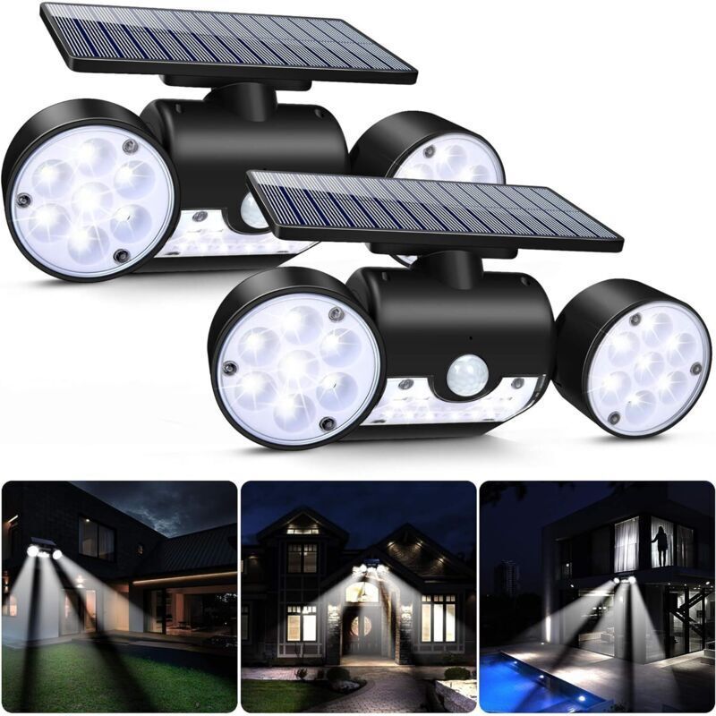 2 Pcs Powerful Outdoor Solar Light, 30 LED Security Light Motion Sensor Three Head Spotlights Wireless Lighting Waterproof IP65 Large 360 Solar