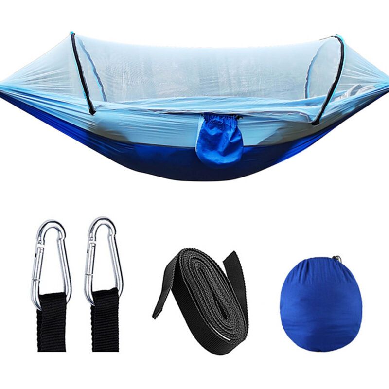 Camping Hammock with 210T Nylon Taffeta Net, Automatic Quick Open Hammock Tent for Outdoor, Light Blue, 260 x 140 cm