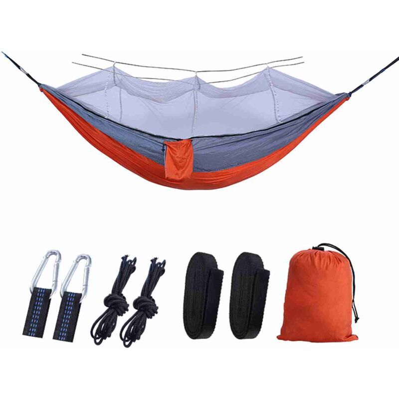 Automatic Quick Open Hammock with Mosquito Net Portable Outdoor Camping Hammock Anti-Rollover Nylon Hammock, Orange and Gray, 260 x 140 cm