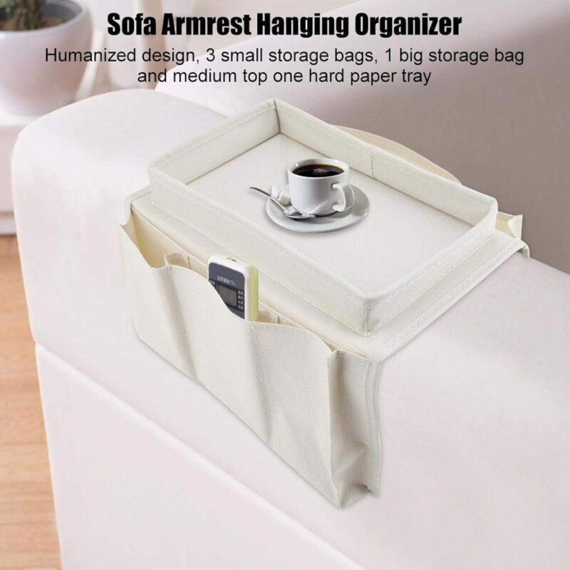 Sofa Chair Armrest Organizer, Non-Slip Armrest Organizer for Phone, Book, Magazines, TV Remote Control, Beige