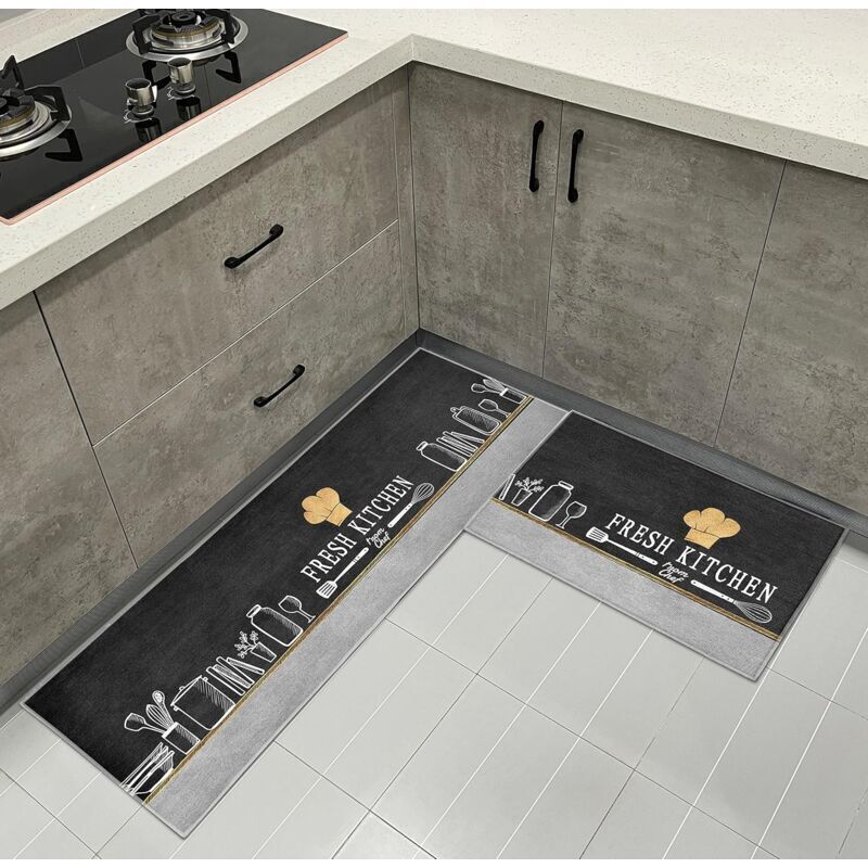 2 Pack Washable Kitchen Rugs, Pattern, Non-Slip Kitchen Mat, for Kitchen, Dining Room, Chef Hat, 40 x 120 cm, 40 x 60 cm