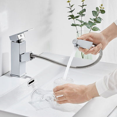 Basin Mixer Tap with Pull-Out Spray Chrome Modern Bathroom Sink Faucet for Washbasin and Basin