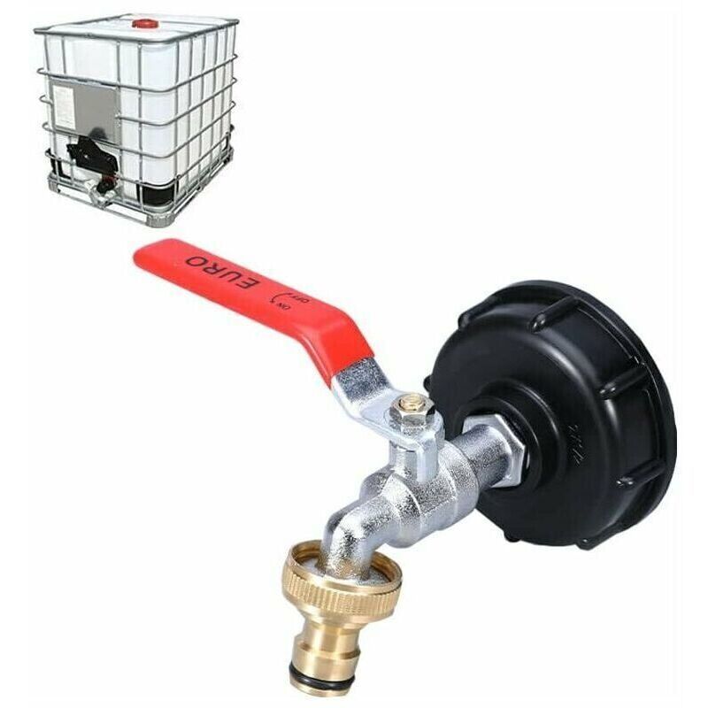 IBC Tank Tap with Double Rainwater Collection Tap Adapter, Made of Brass, Coarse Thread, 3-4 Inch, 1000 L, 60 mm