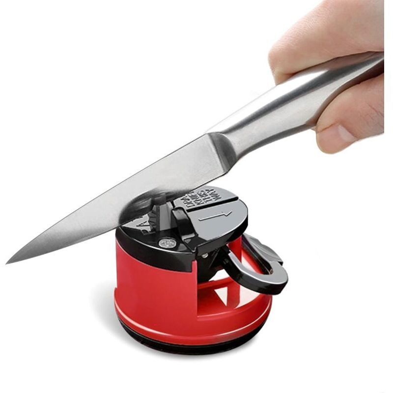 Stone Knife Sharpener, Kitchen Knife Sharpener Safety Scissors Blade Grinder, Tungsten Diamond Knife Sharpening Tool with Suction Cup, Red