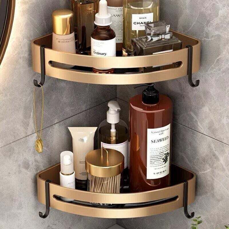 2 Pcs Corner Shower Shelves, No Drilling Required, Adhesive Bathroom Shelf, Stainless Steel Triangle Storage Basket for Shampoo and Soap with Hooks
