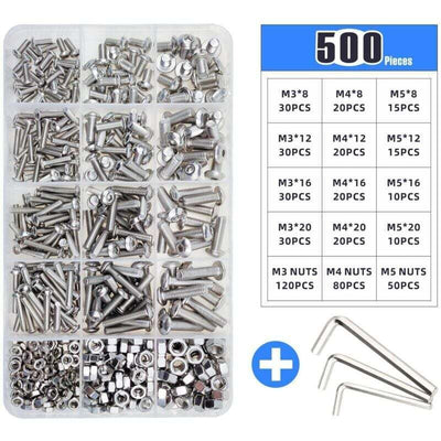 500 Pcs Stainless Steel Box Set M3 M4 M5 Round Head Bolt Screw Nut Disc Head Internal Hex Screw