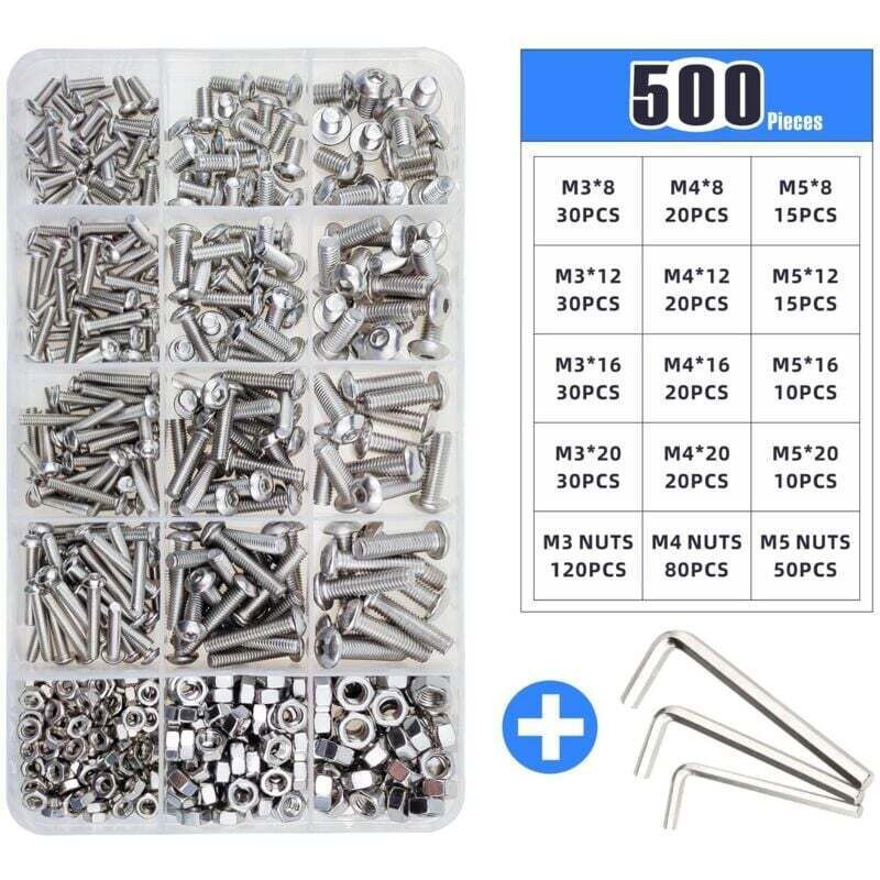 500 Pcs Stainless Steel Box Set M3 M4 M5 Round Head Bolt Screw Nut Disc Head Internal Hex Screw