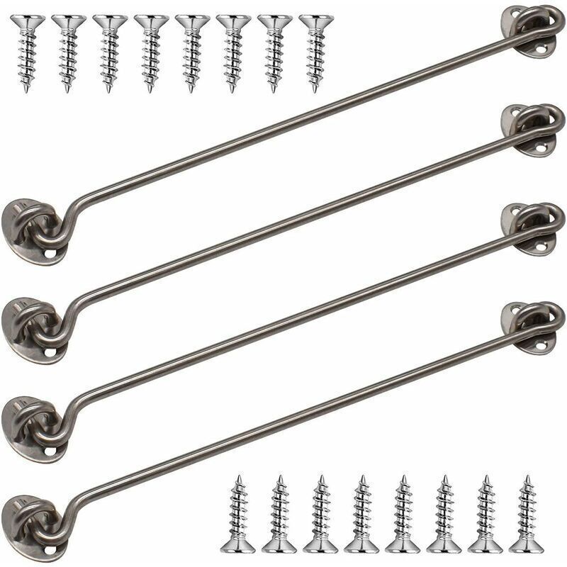 4 Pack Cabin Hooks, Thick Solid Stainless Steel Window Hooks with Mounting Screws for Barn Door, Bathroom, Sliding Door, Silver, 12 Inch