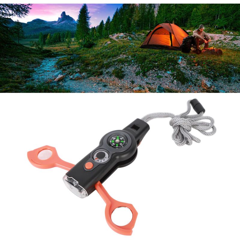 7 in 1 Emergency Survival Whistle, LED Thermometer, Compass, Multi-Function Whistle for Hiking, Climbing, Orange
