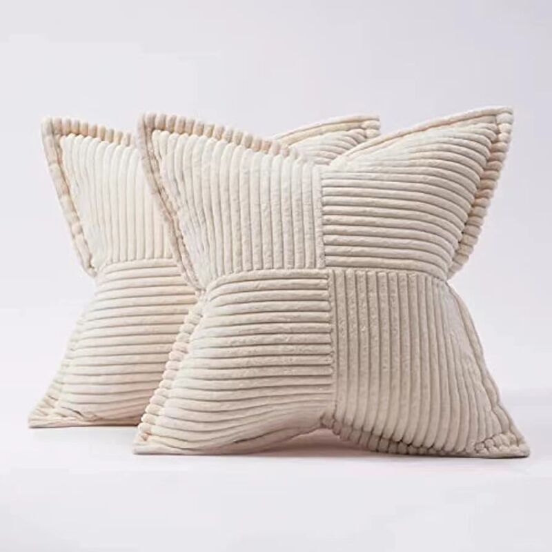 2 Pcs Sofa Cushion Cover Pillowcase in Beige Corduroy with Cross Pattern Decoration Bedroom Living Room, 45 x 45 cm
