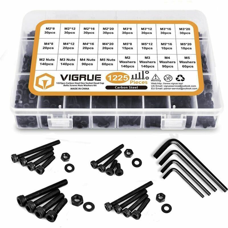 1225 Pcs Kit M2 M3 M4 M5 Carbon Steel Hex Socket Head Cap Bolts Screws with Nuts Assortment, Black