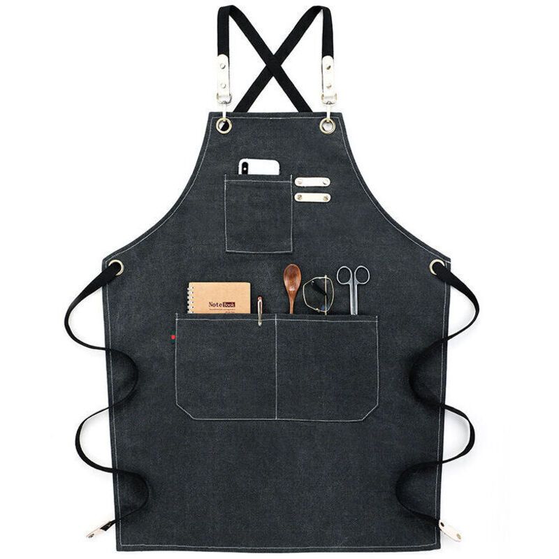 Kitchen Apron Water Resistant Cotton Linen Cross Back Adjustable Apron Black