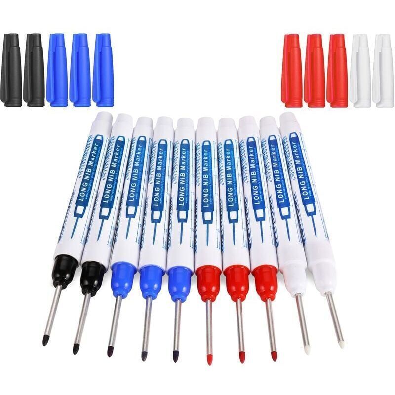 10 Pcs Deep Hole Markers, Carpenter Marker, Permanent Marker Pen with Long Tip, Precision Construction Marker, Black Blue Red White, 30 mm