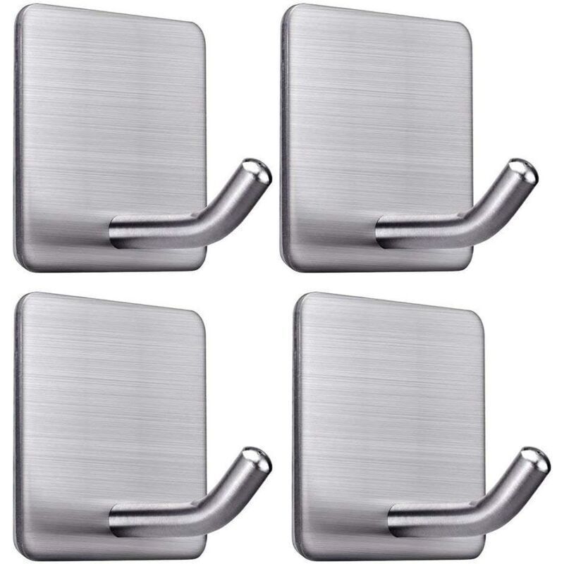 4 Pcs Adhesive Hooks, 8KG Max Stainless Steel Bathroom Wall Hooks, Towel Holder with Adhesive Tape, Family and Office, Self-Adhesive, 1