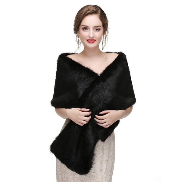 Women's Black Faux Fur Shawl Wrap, Large Long Warm Faux Fur Stole, Winter Shoulder Cover for Wedding Bride Evening Gown Formal Party Cocktail Ball Dress