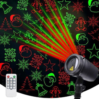 Christmas Laser Projector Lights with Remote Control, Red & Green LED Star Laser Projection Lamp, Waterproof Outdoor Xmas Decor Light with Santa Snowflake Tree Bell Gingerbread Patterns for Yard Garden Party