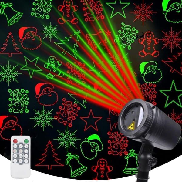 Christmas Laser Projector Lights with Remote Control, Red & Green LED Star Laser Projection Lamp, Waterproof Outdoor Xmas Decor Light with Santa Snowflake Tree Bell Gingerbread Patterns for Yard Garden Party