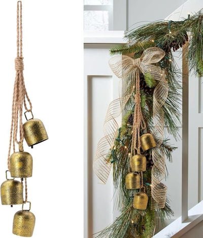 Vintage Gold Metal Cow Bells Hanging Ornament with Natural Jute Rope, Rustic Christmas Decorative Bells for Xmas Wreath, Front Door, Wedding, Farmhouse Holiday Party Decoration