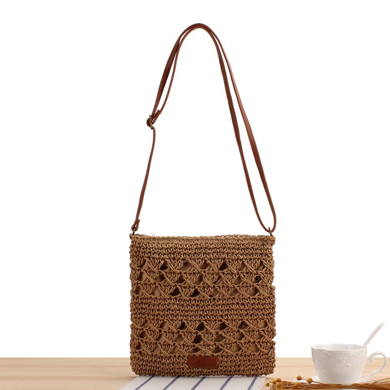 Hollow Woven Summer Beach Bag - Handmade Paper Rope Crossbody Tote for Vacation - Lightweight Crochet Shoulder Bag - Camel