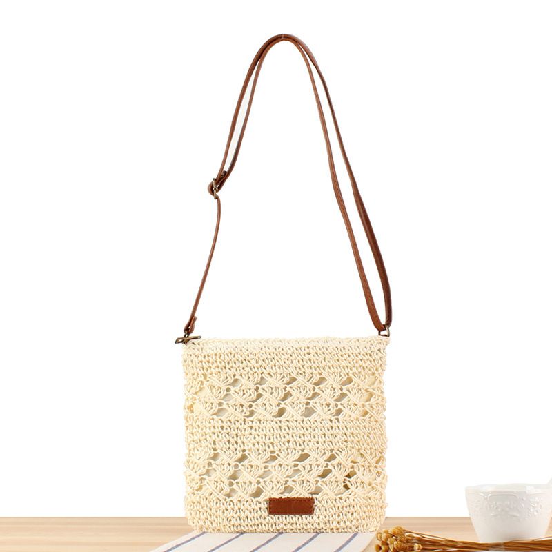 Hollow Woven Summer Beach Bag - Handmade Paper Rope Crossbody Tote for Vacation - Lightweight Crochet Shoulder Bag - Off White