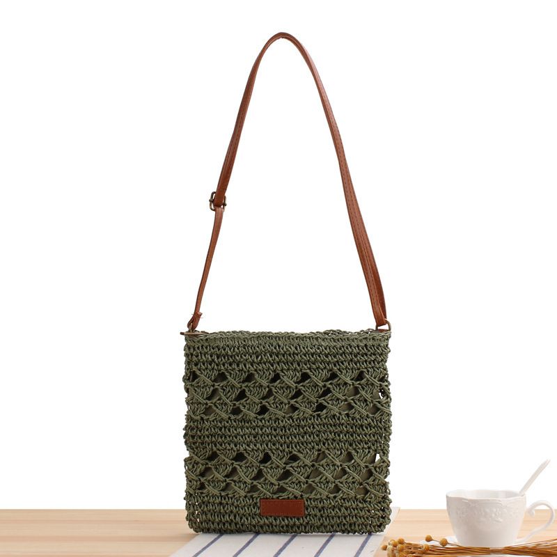 Hollow Woven Summer Beach Bag - Handmade Paper Rope Crossbody Tote for Vacation - Lightweight Crochet Shoulder Bag - Olive