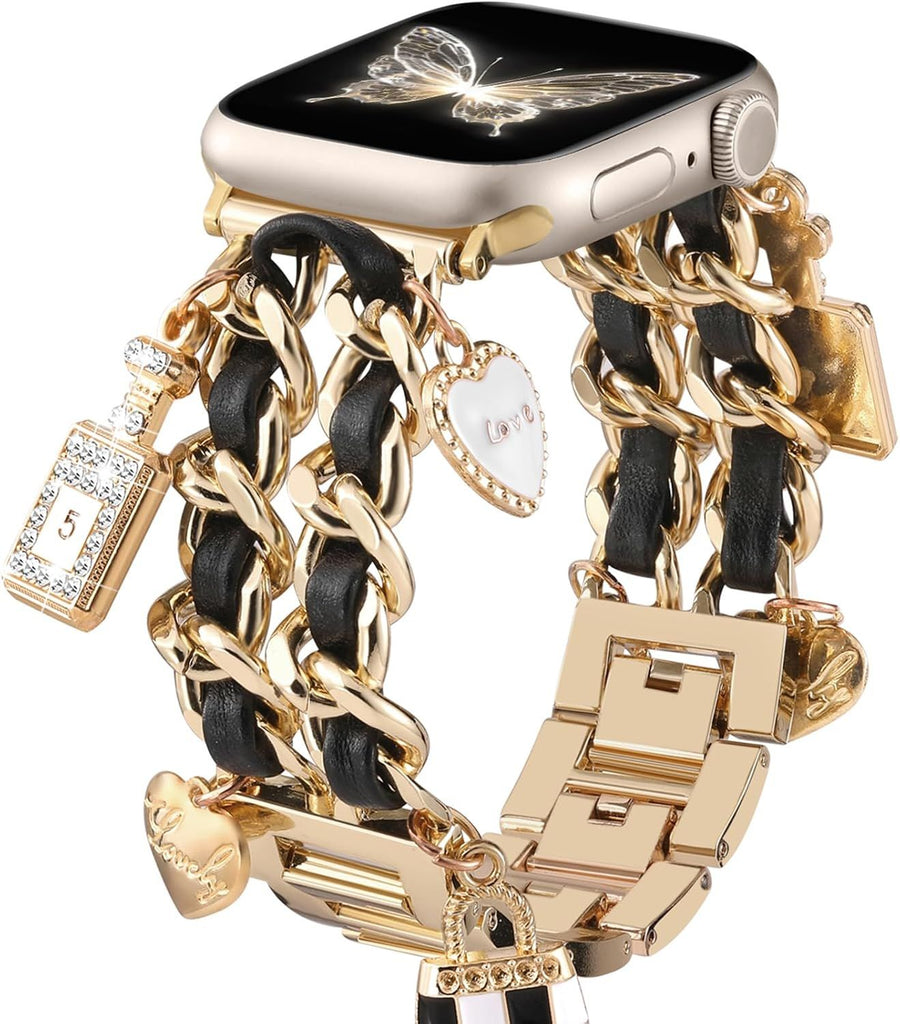 Stylish Metal Band Compatible with Apple Watch Bands for Women 40mm 38mm 41mm 44mm 42mm 45mm 46mm,Pretty Chain Strap with Apple Watch Accessories Charms for iWatch Series 11 10 9 8 7 6 5 4 3 2 1 SE