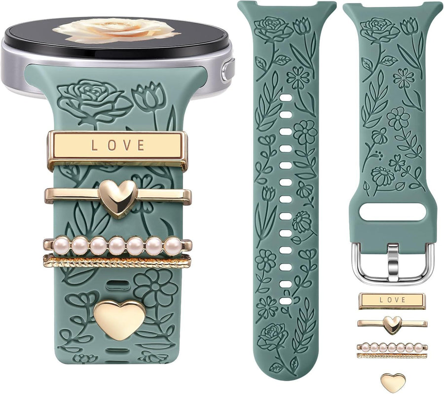 Flower Engraved Bands Compatible with Samsung Galaxy Watch 8 Band 40mm 44mm/Galaxy Watch 8 Classic 46mm, Soft Silicone Replacement Strap with Fancy Decorative Charms Accessories for Women