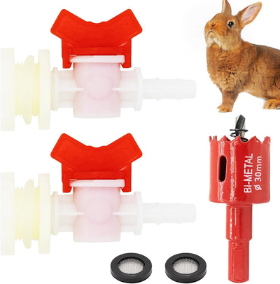 Rabbit Watering System Bucket Connector kit for ID 3/8’’ Hose with Barb Ball Valve, Bulkhead Fitting, Mesh Washer, Hole Saw, Poultry-Watering-Equipment, Animal Water Dispenser