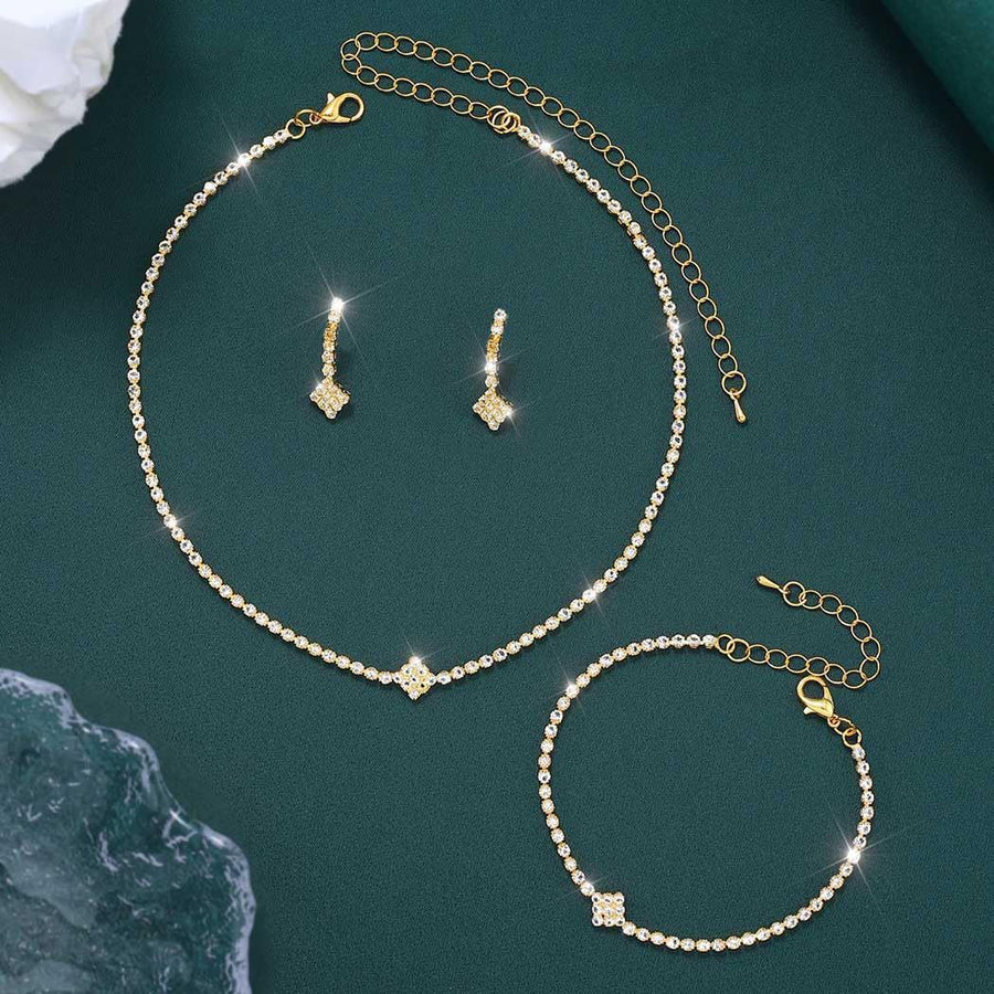 Bridal Zircon Jewelry Set 3-in-1 - Earrings Bracelet Necklace for Wedding Party - Crystal Shiny Bridal Jewelry Set for Women - Gold