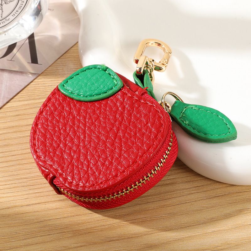 Fruit Coin Purse Keychain 3-Pack - Cute Leather Car Keychain Pendant for Women - Novelty Bag Charm for Keys Handbags Totes - Apple (3-Pack)