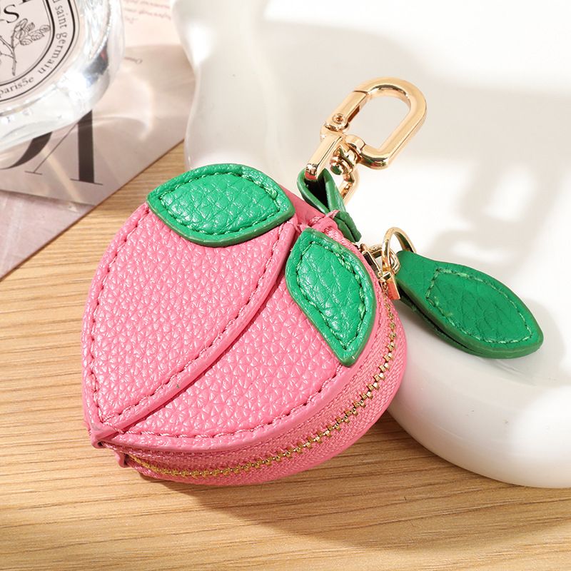 Fruit Coin Purse Keychain 3-Pack - Cute Leather Car Keychain Pendant for Women - Novelty Bag Charm for Keys Handbags Totes - Pink Peach (3-Pack)