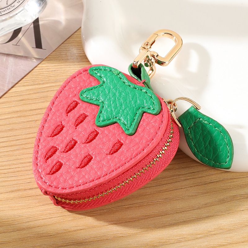 Fruit Coin Purse Keychain 3-Pack - Cute Leather Car Keychain Pendant for Women - Novelty Bag Charm for Keys Handbags Totes - Pink Strawberry (3-Pack)