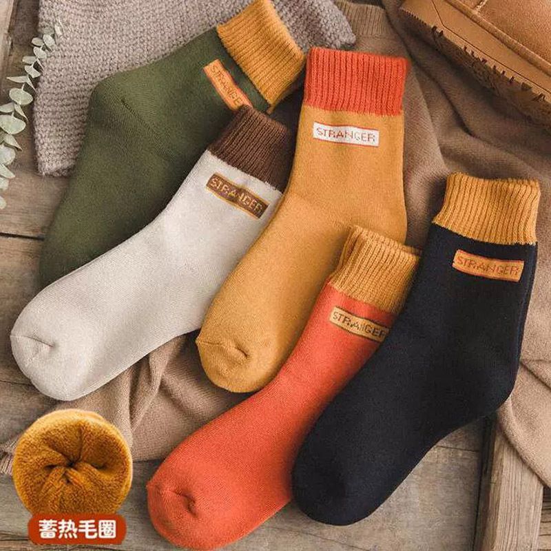 Wool Blend Terry Socks 5-Pack - Winter Thick Warm Mid Calf Crew Socks for Women - Letter Pattern Cotton Socks - 5 Pairs