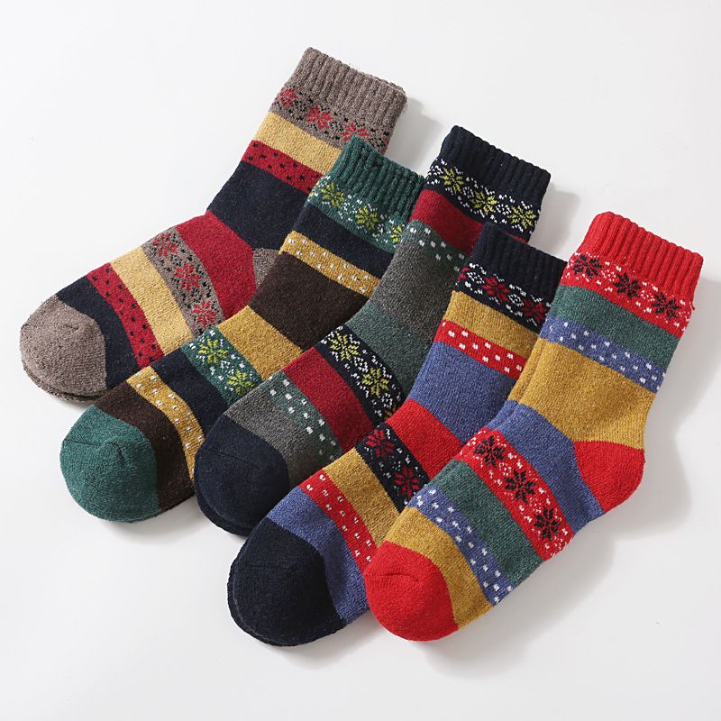 Wool Blend Terry Socks 5-Pack - Winter Thick Warm Mid Calf Crew Socks for Women - Ethnic Octagonal Pattern Cotton Socks - 5 Pairs