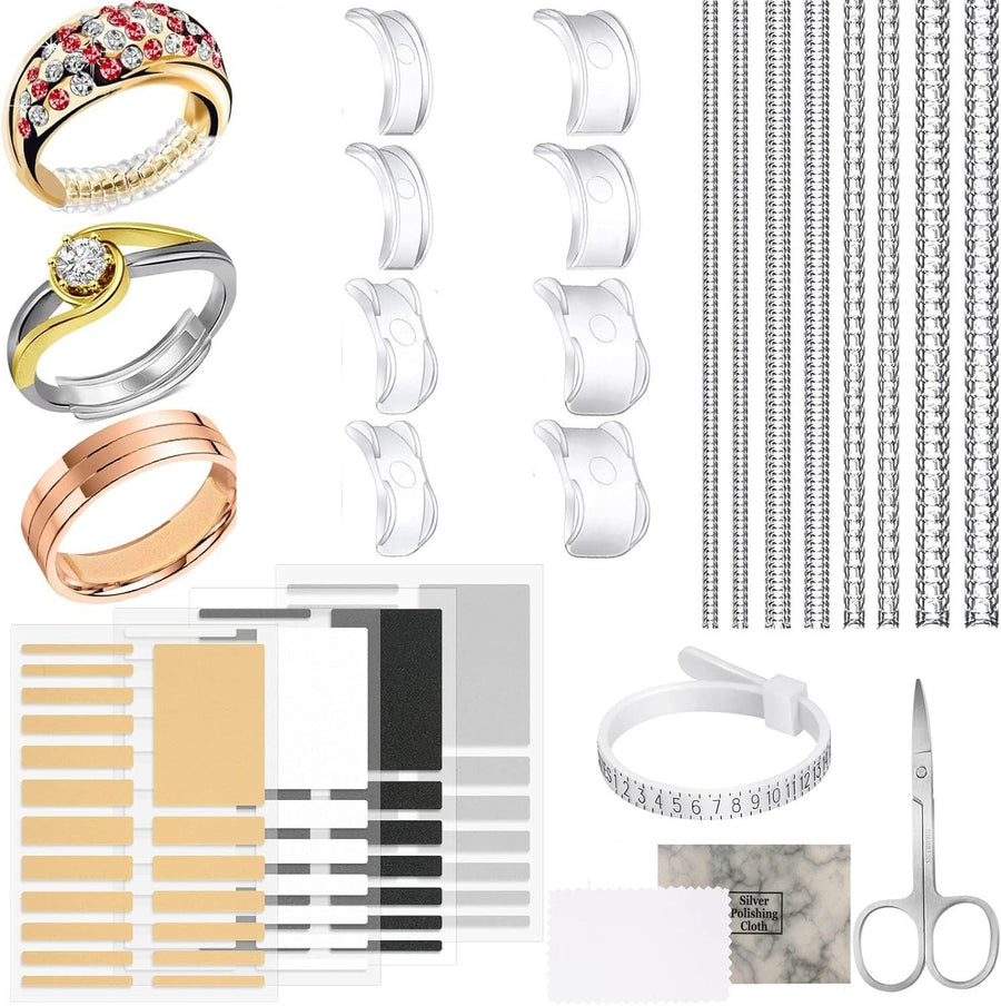 Ring Size Adjuster Kit 23-Pack - Ring Sizer Tool with Measuring Gauge - Resizer Spiral for Loose Rings - Stainless Steel Polishing Cloth