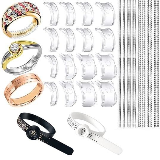 Ring Size Adjuster Kit 26-Pack - Ring Sizer Tool with Measuring Gauge - Resizer Spiral for Loose Rings - Stainless Steel Polishing Cloth