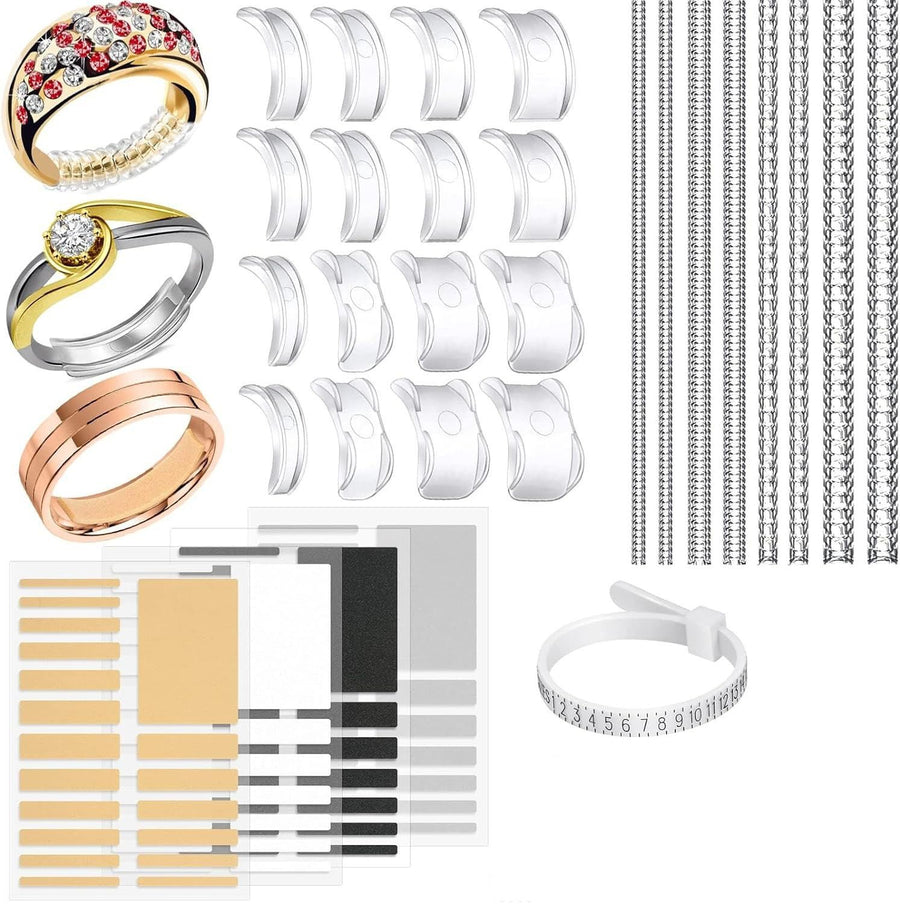 Ring Size Adjuster Kit 29-Pack - Ring Sizer Tool with Measuring Gauge - Resizer Spiral for Loose Rings - Stainless Steel Polishing Cloth