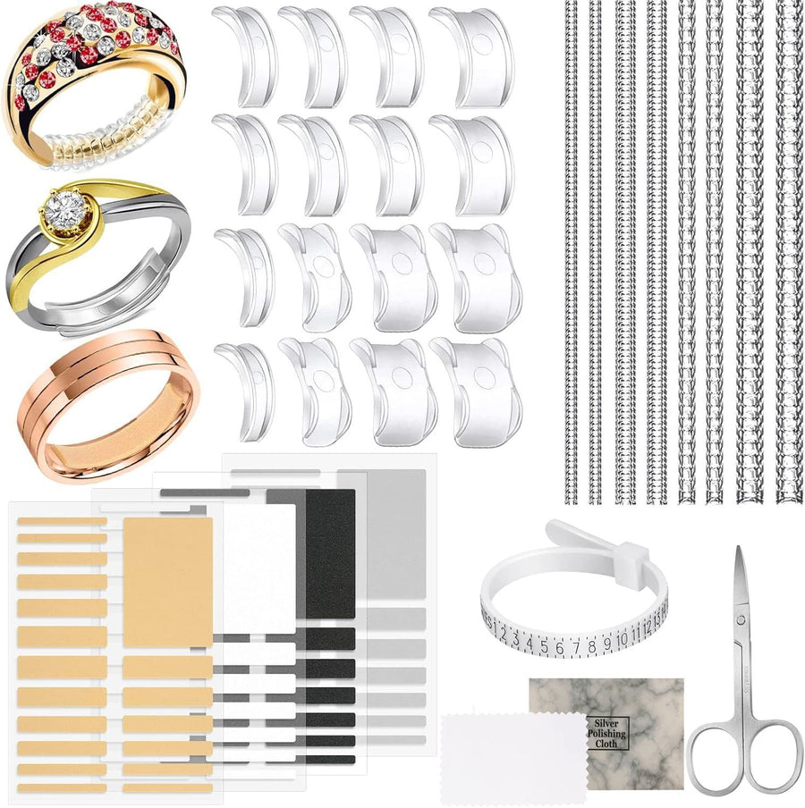 Ring Size Adjuster Kit 31-Pack - Ring Sizer Tool with Measuring Gauge - Resizer Spiral for Loose Rings - Stainless Steel Polishing Cloth