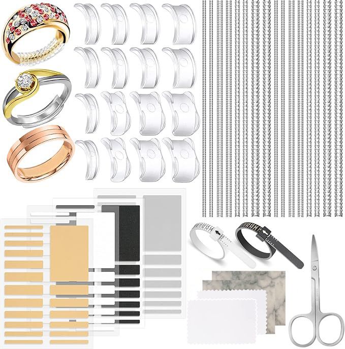 Ring Size Adjuster Kit 41-Pack - Ring Sizer Tool with Measuring Gauge - Resizer Spiral for Loose Rings - Stainless Steel Polishing Cloth