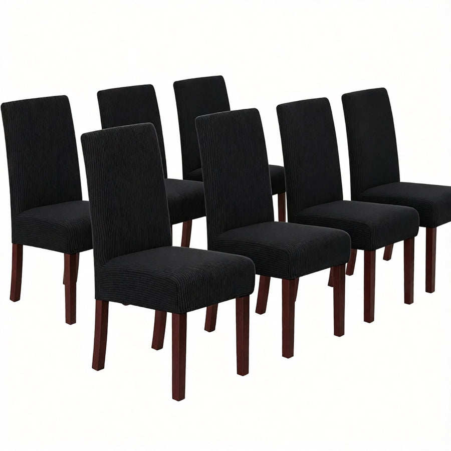 Stretch Full Cover Chair Cover 6-Pack - Waterproof Anti-Slip Elastic Seat Protector for Dining Room Hotel - Thick Warm Waffle Texture - Black (6-Pack)