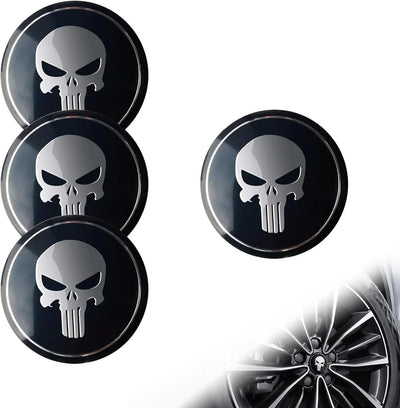 4 PCS Car Wheel Center Caps, 2.24" Cool Personalized Longtooth Skull Wheel Center Hub Cap Cover, Scratch-Resistant Anti-Rust Rim Sticker Accessory, Universal for Cars Tire Trim (Black)